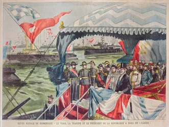 Revue navale à Dunkerque : Tsar Nicolas II avec sa femme, Tsarine Alexandra avec le Président Loubet à bord du torpilleur 